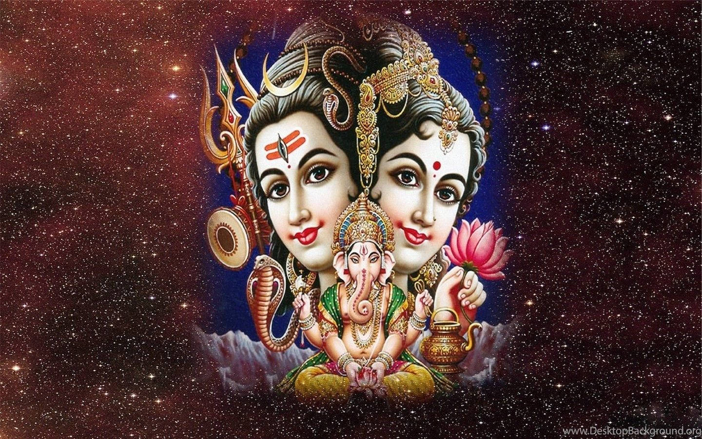 Ganesh 桌布 壁紙 — 神聖的印度教神靈濕婆和帕爾瓦蒂與嬰兒象神迦內什莊嚴地坐在星空宇宙背景下。