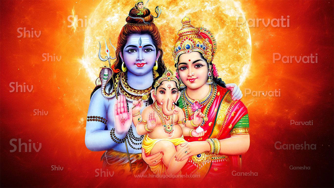 Shiv Parivar 桌布 壁紙 — 神聖的印度教神靈濕婆帕爾瓦蒂和象頭神在熾熱的橙色太陽背景下散發著優雅。