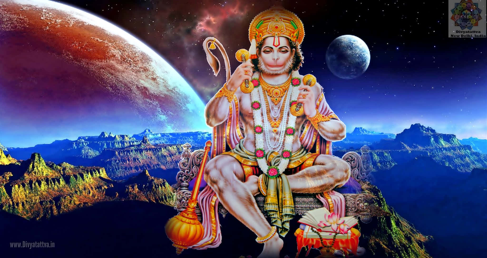 Hanuman 桌布 壁紙 — 神聖的哈努曼在行星和星空的宇宙背景下，威嚴地坐在王座上。