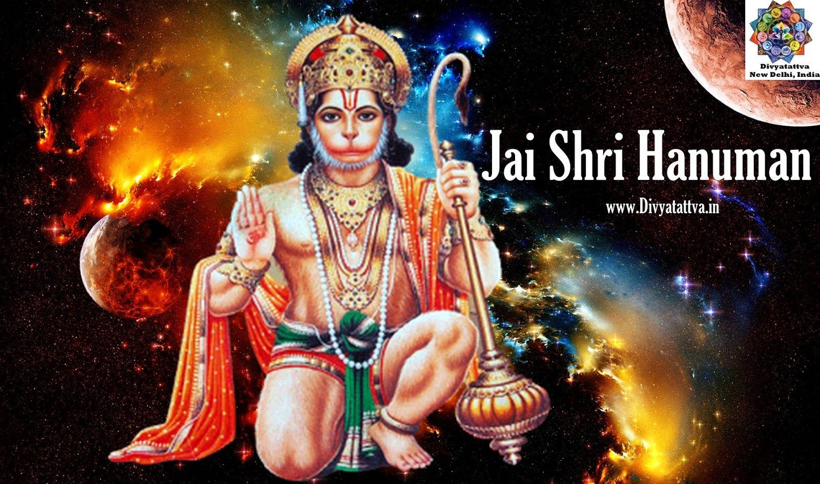 hanuman ji HD 桌布 壁紙 — 神聖的哈努曼盤腿坐在宇宙空間中，手持狼牙棒，身後有熾熱星雲和行星旋轉。