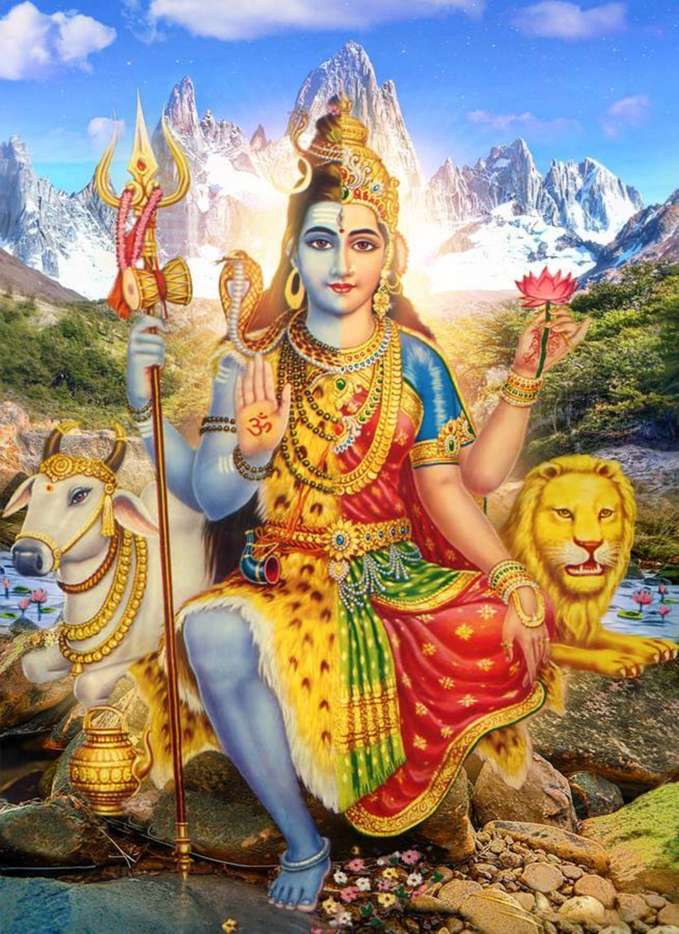  壁紙 — 神聖的女神杜爾迦威嚴地坐在獅子上，旁邊有一頭公牛，在雪山背景下手持三叉戟和蓮花。