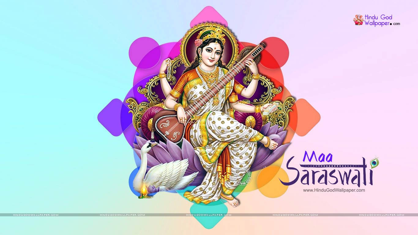 Saraswati Mata 桌布 壁紙 — 神聖的女神薩拉斯瓦蒂優雅地坐在紫色蓮花上，手持維納琴，旁邊有一隻白天鵝，背景是柔和漸變色。