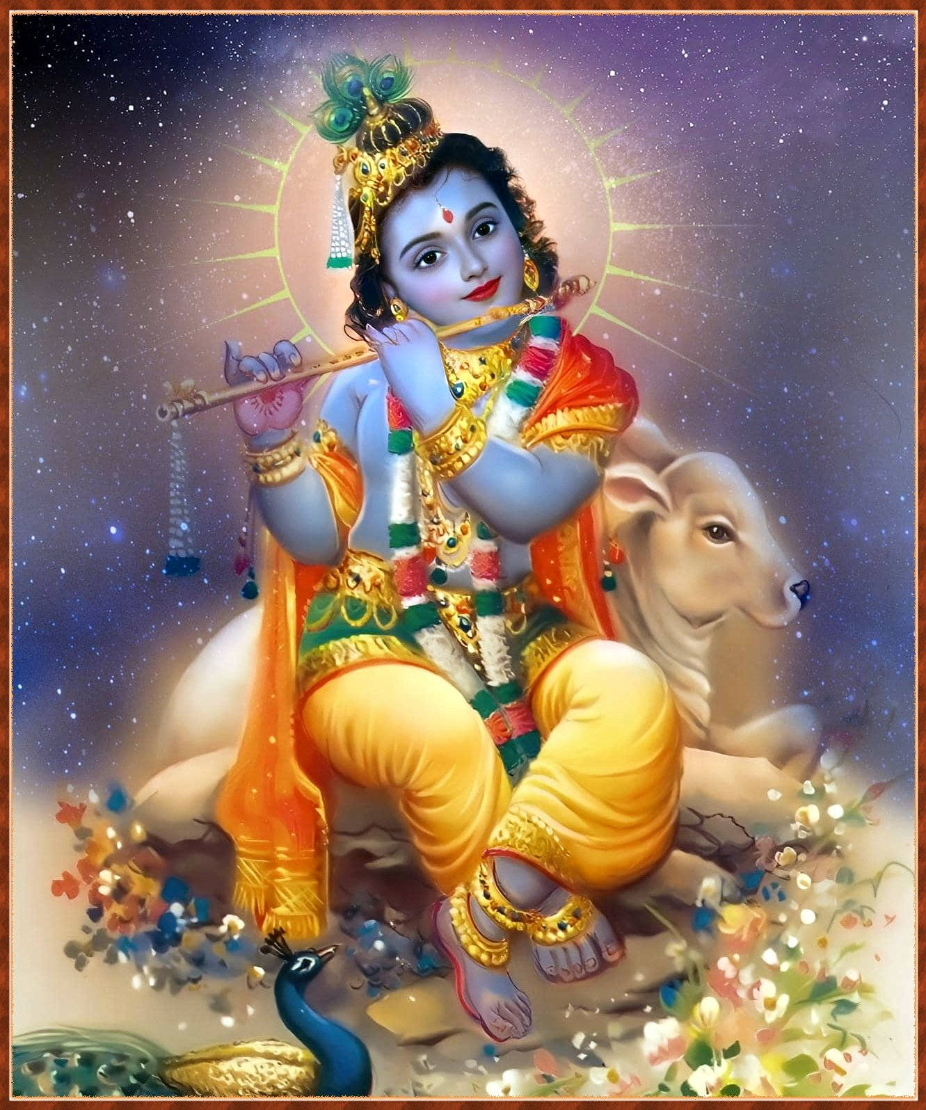 krishna iPhone 桌布 壁紙 — 神聖的孩子克里希納坐在牛背上，在星空下吹奏長笛，孔雀和花朵環繞。