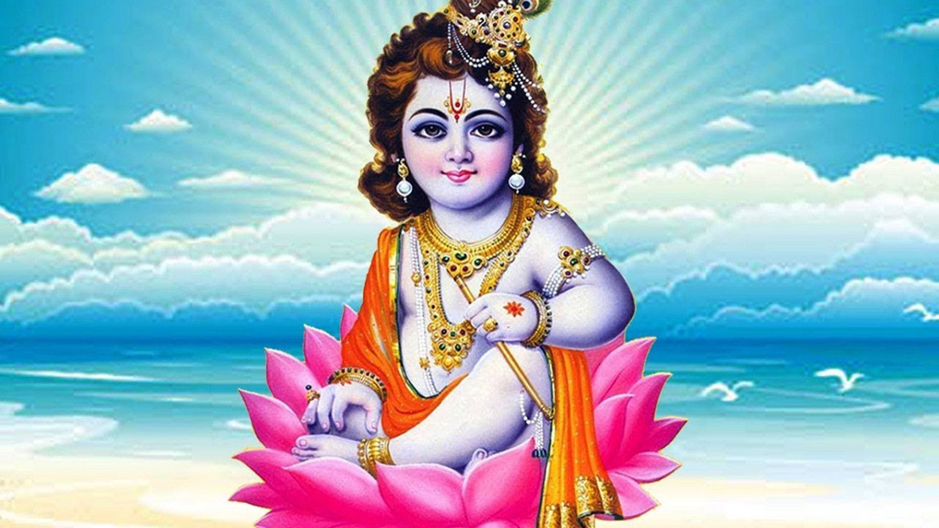 little krishna HD 桌布 壁紙 — 神聖的孩子克里希納靜靜地坐在海邊的粉紅色蓮花上，在帶有白雲的燦爛藍天下。