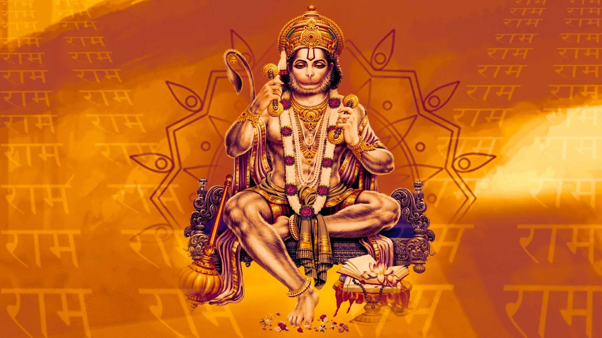 lord hanuman HD 桌布 壁紙 — 神聖的猴神哈努曼威嚴地坐在裝飾華麗的寶座上，飾有黃金珠寶和花環，背景是充滿重複「拉姆」字樣的耀眼橙色。