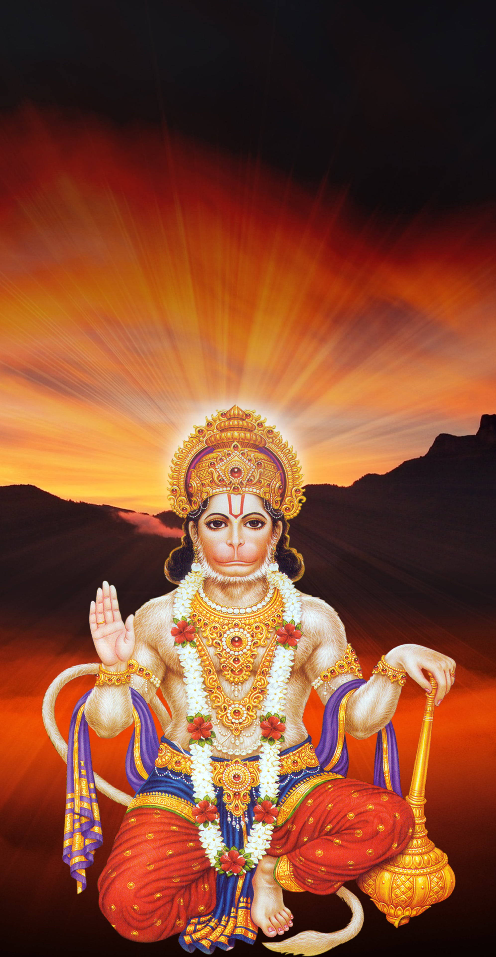 lord hanuman 桌布 壁紙 — 神聖的猴神哈努曼靜靜地坐在燦爛的日落光輝中，金色的光芒從他的王冠中迸發出來。