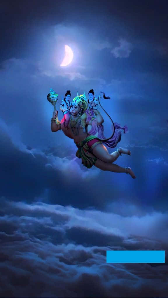 印度 桌布 壁紙 — 神聖的猴神飛過月光照耀的雲層，手持發光的杖，帶著兩個隨從，在暴風雨的夜空之上。