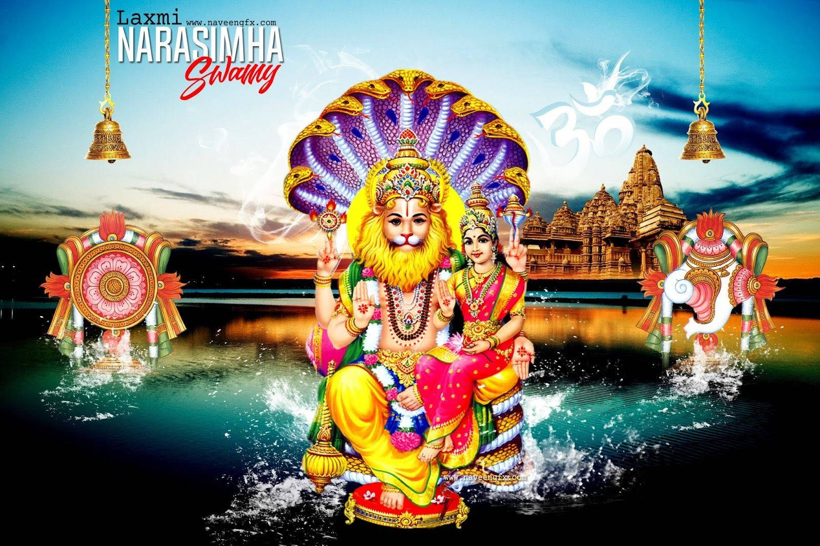 Indian 桌布 壁紙 — 神聖的納拉辛哈·斯瓦米與配偶在日落時分威嚴地坐在水上，伴隨著寺廟和華麗的鐘，色彩鮮豔。