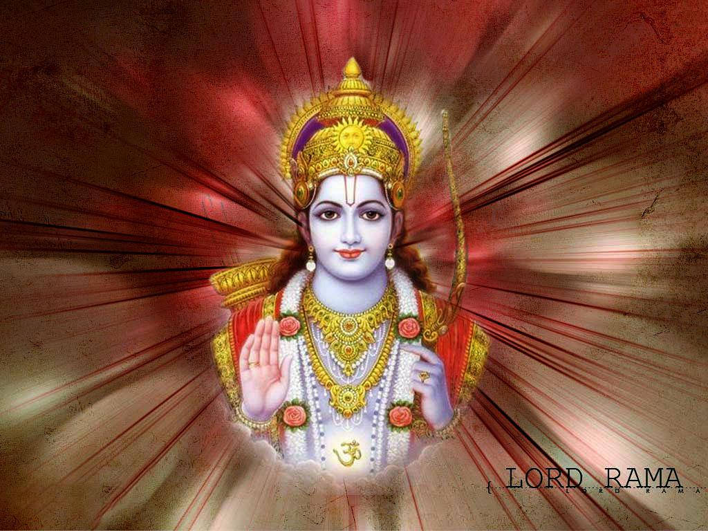 jai shri ram 桌布 壁紙 — 神聖的羅摩主從他的皇冠和裝飾著寶石和玫瑰的手中散發出金色的光芒，背景是燦爛的紅色和金色。