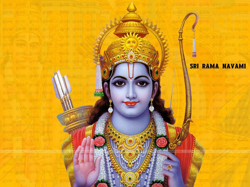 Hindu God 桌布 壁紙 — 神聖的羅摩勳爵裝飾著金色皇冠珠寶和紅色服裝，手持弓箭，在明亮的黃色背景下賜予祝福。