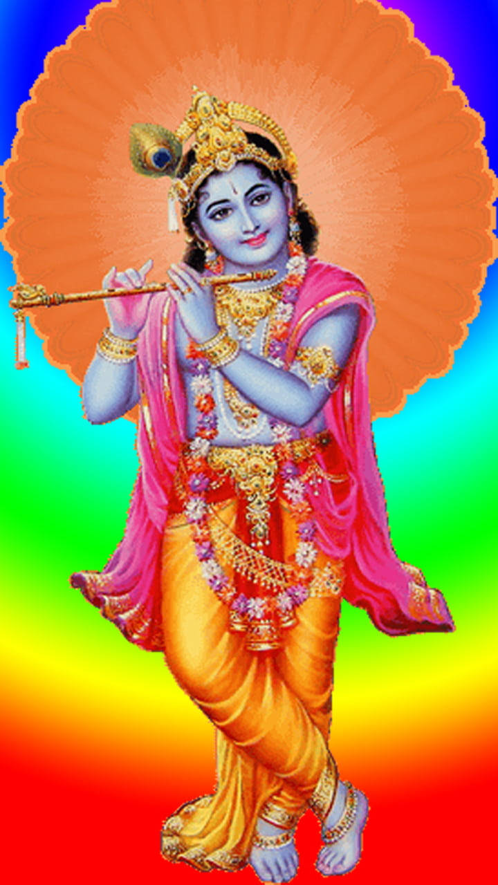 krishna iPhone 桌布 壁紙 — 神聖的藍皮膚克里希納身著華麗金色服飾，在燦爛彩虹光環前吹奏長笛。