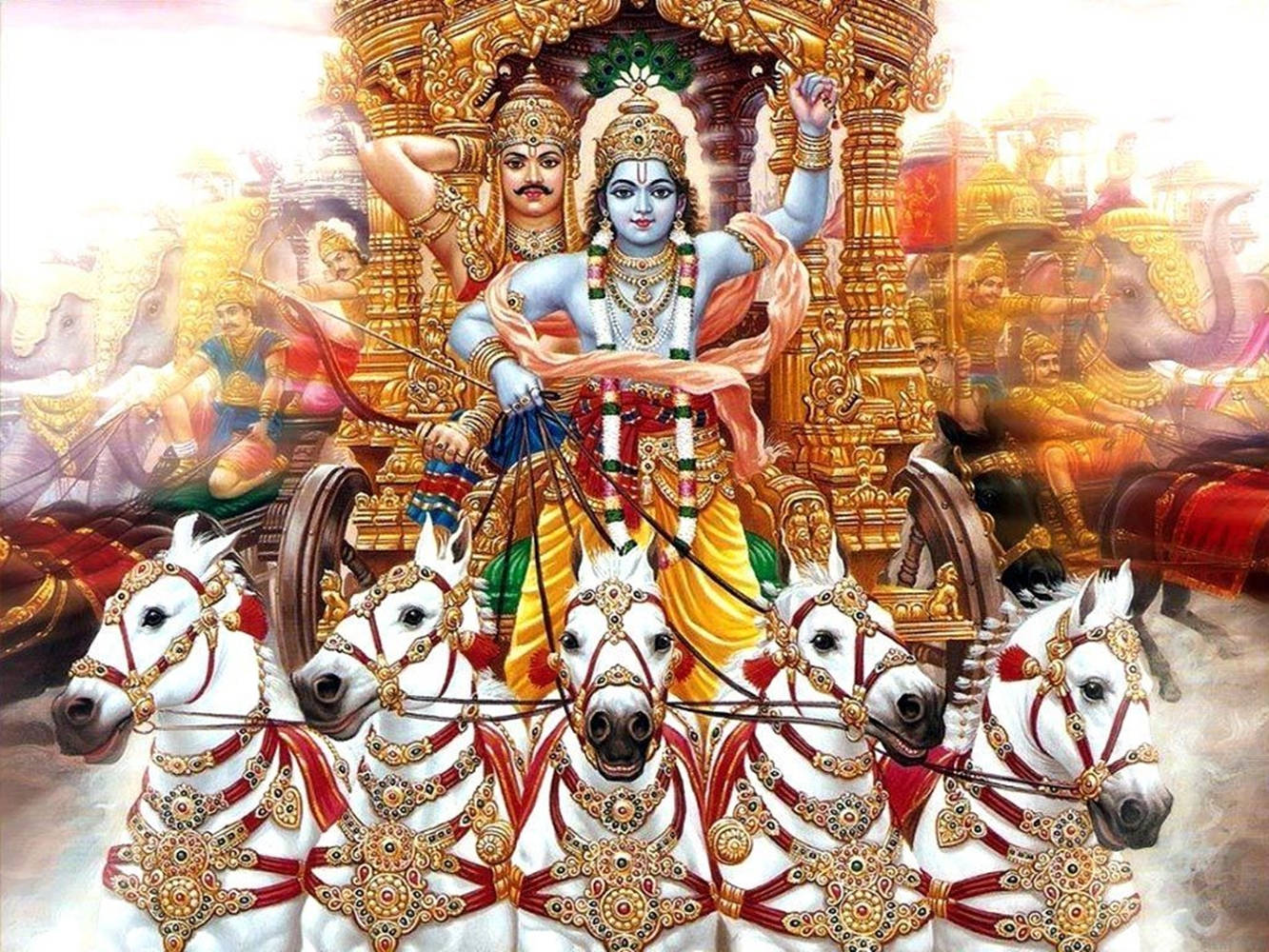 Indian 桌布 壁紙 — 神聖的藍皮膚神祇乘坐由四匹白馬拉動的戰車，馬匹飾有金和紅色寶石。