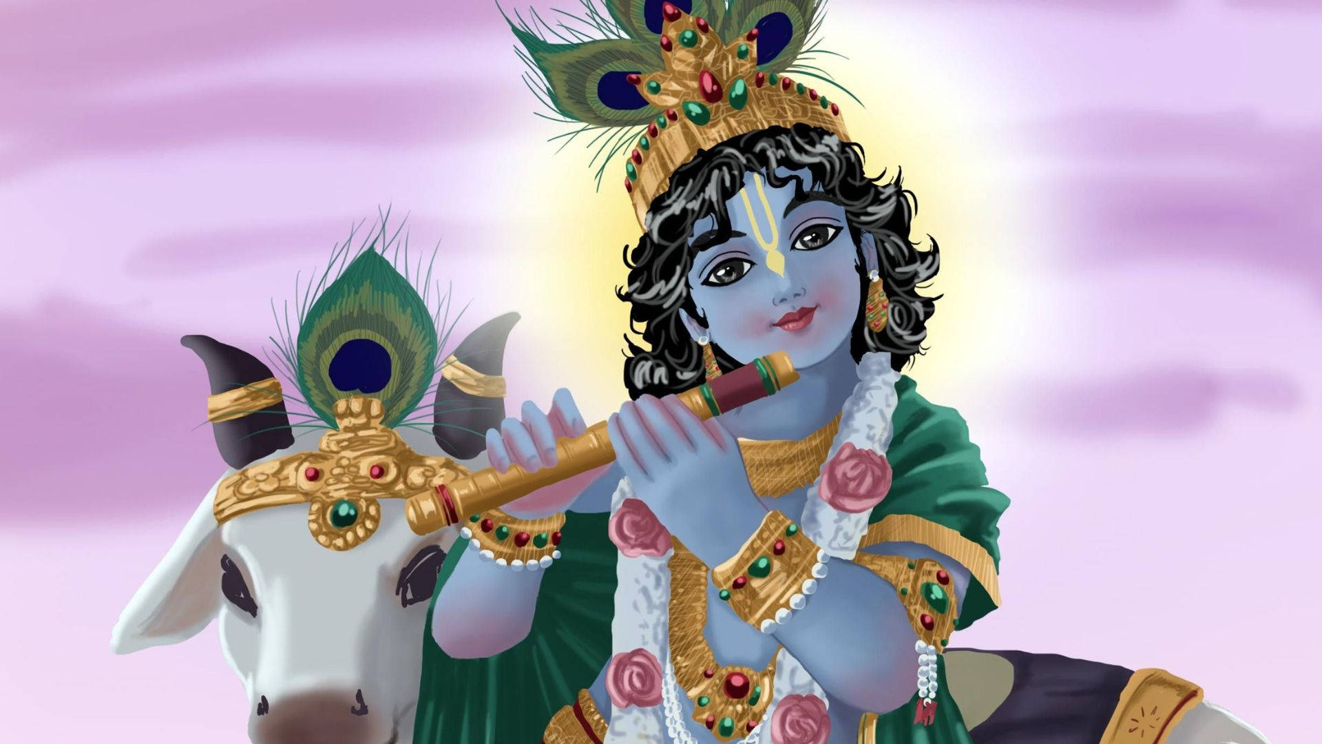 cute krishna 桌布 壁紙 — 神聖藍皮膚的Krishna坐在裝飾過的白色牛上吹笛，背景是柔和紫色天空。
