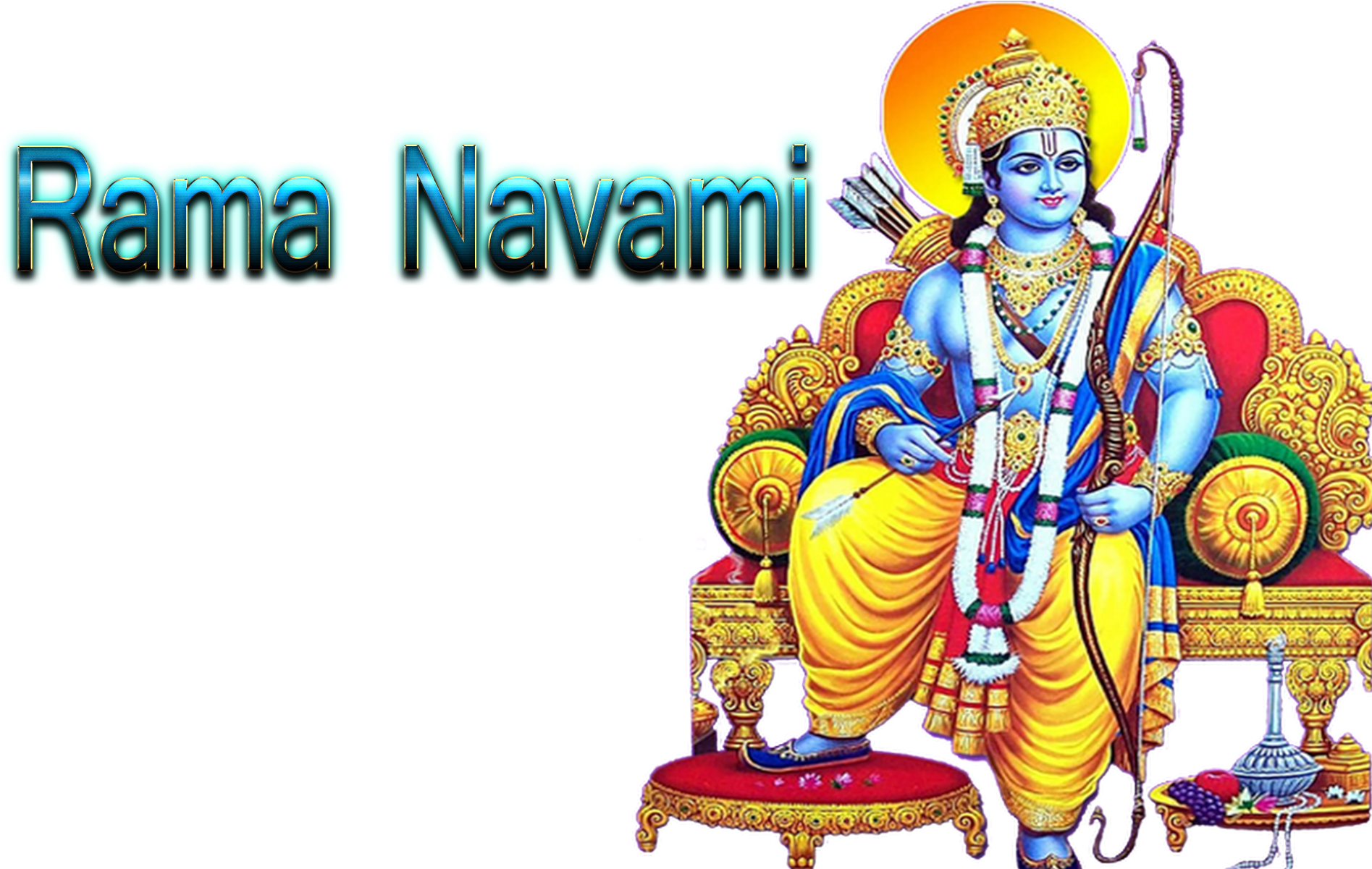 Rama Navami 桌布 壁紙 — 神聖藍皮膚的羅摩勛爵威嚴地坐在華麗的金色寶座上，寶座上裝飾著紅色靠墊和花環，背景為黑色。
