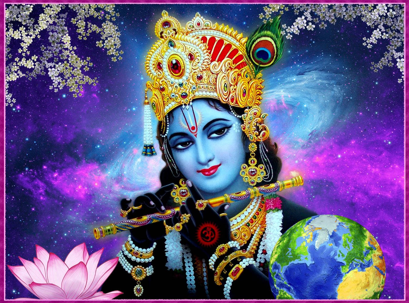krishna 3d 桌布 壁紙 — 神聖藍膚神祇克里希納佩戴金色珠寶，在宇宙紫色星雲、地球蓮花和櫻花的背景下吹奏長笛。