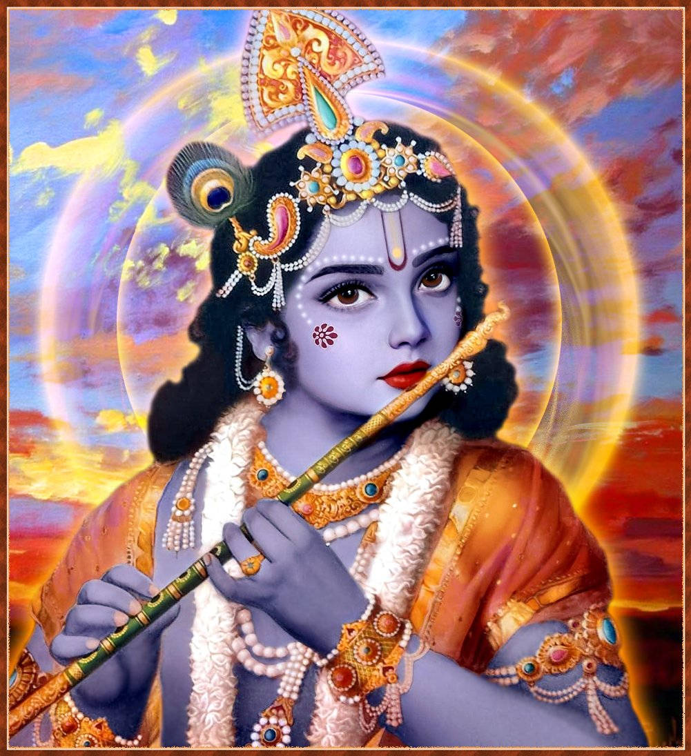 krishna phone 桌布 壁紙 — 神聖藍膚神祇克里希納佩戴金色珠寶，在光芒四射的宇宙光環中吹奏長笛。
