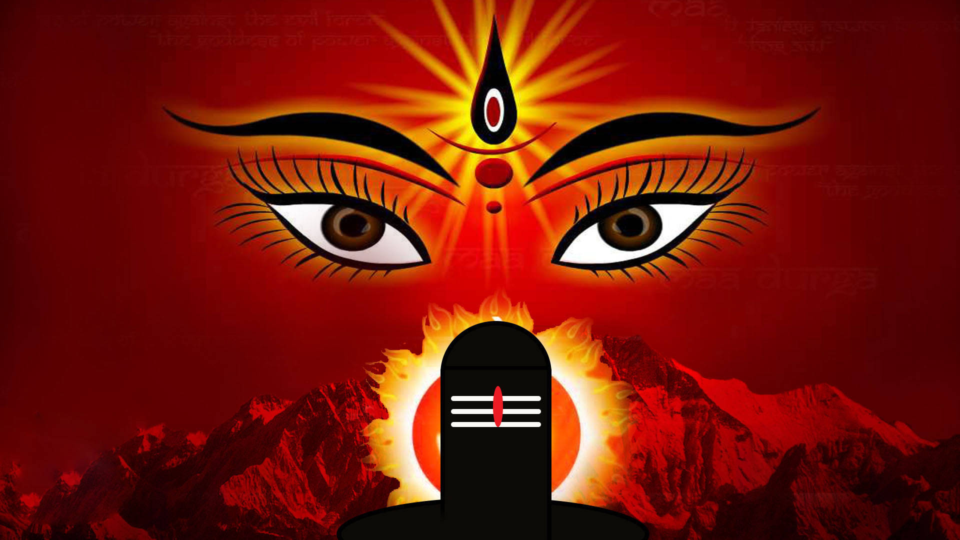 Mata Rani 桌布 壁紙 — 神聖面孔，第三隻眼在熾熱太陽和山脈之上散發光芒，背景為深紅色。