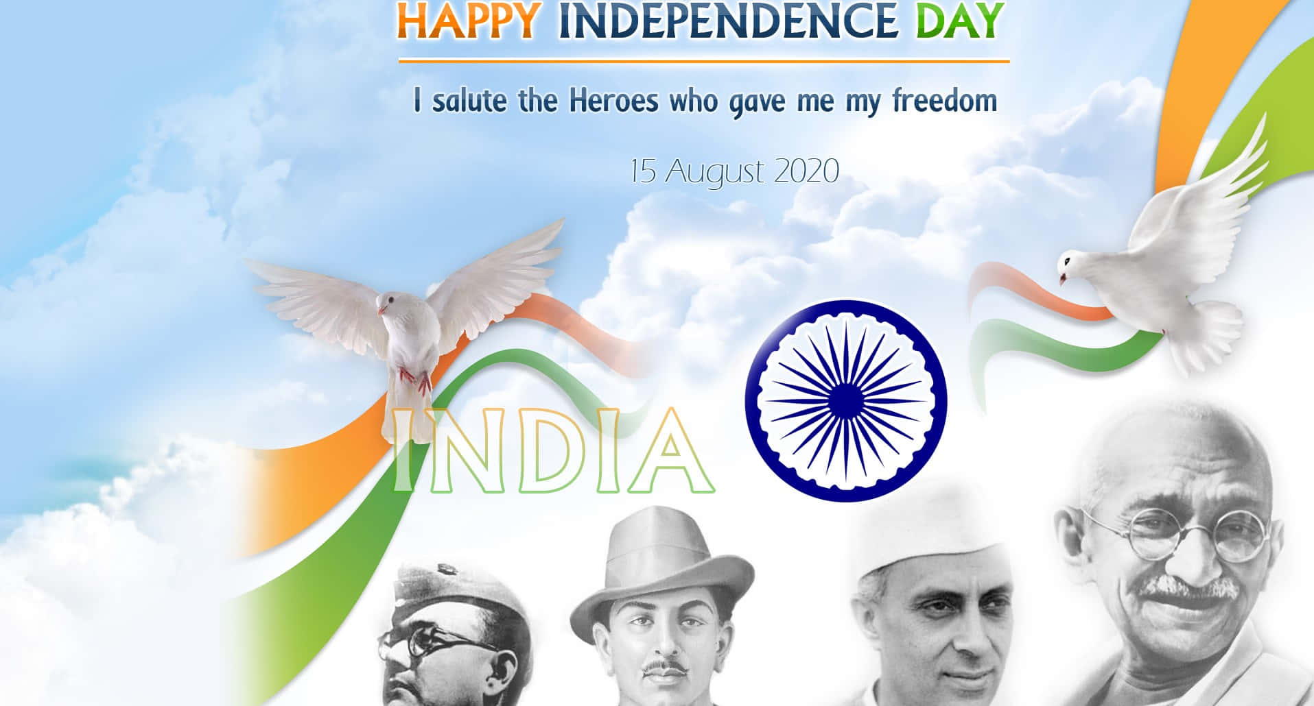 Independence 桌布 壁紙 — 神聖鴿子在印度領袖肖像上方翱翔，背景天空有三色絲帶和阿育王法輪。