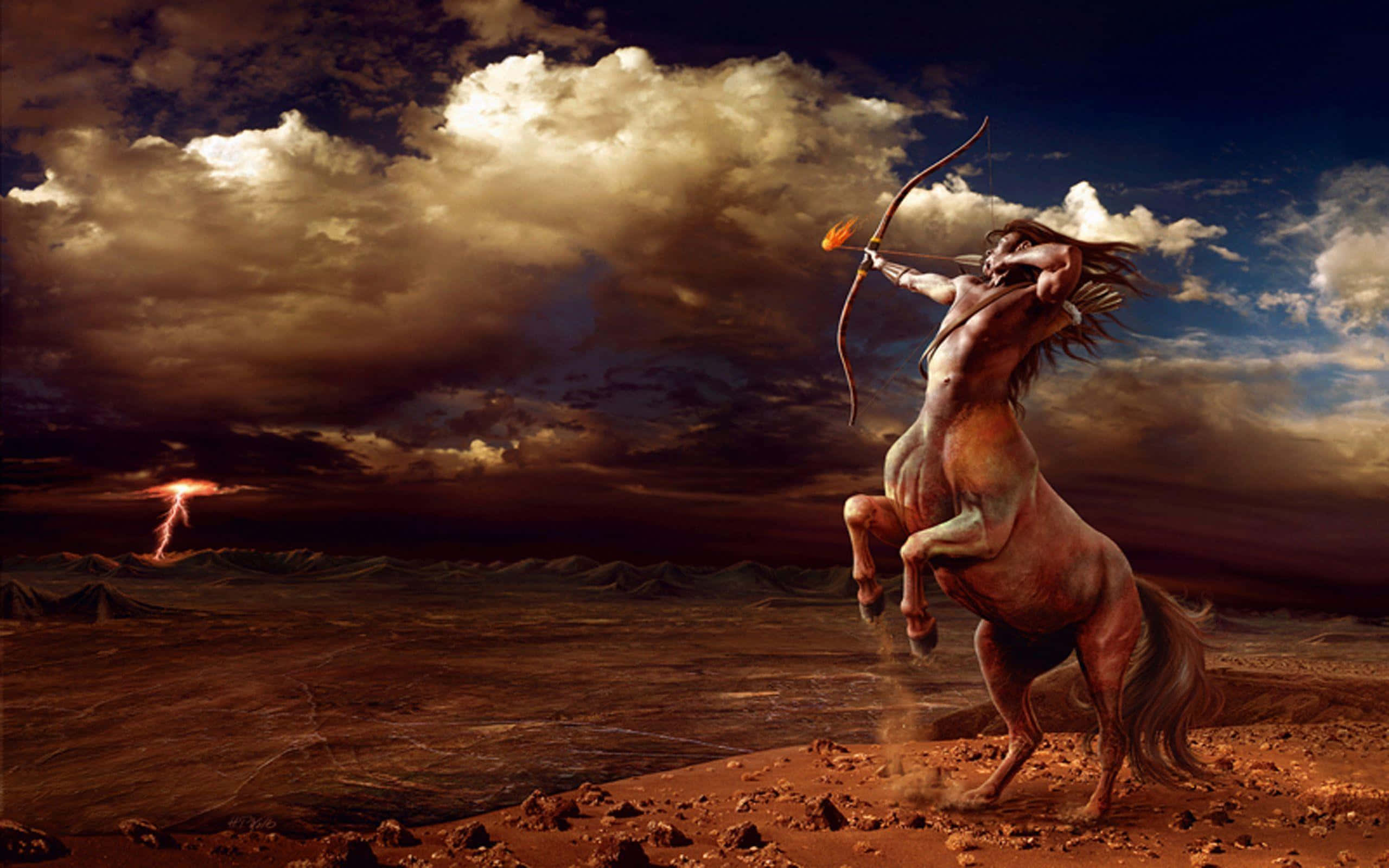 sagittarius 桌布 壁紙 — 神話中的半人馬弓箭手在暴風雨的天空下，站在貧瘠的沙漠平原上，遠處有閃電劃過。