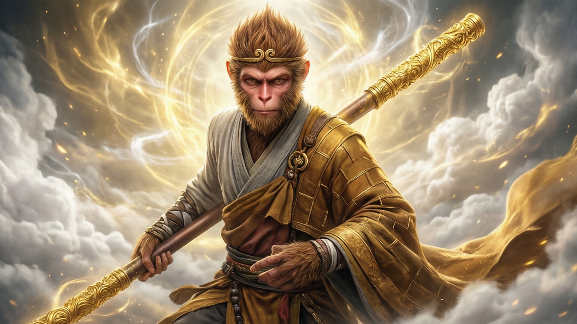 雲端中手持金箍棒的威武悟空。