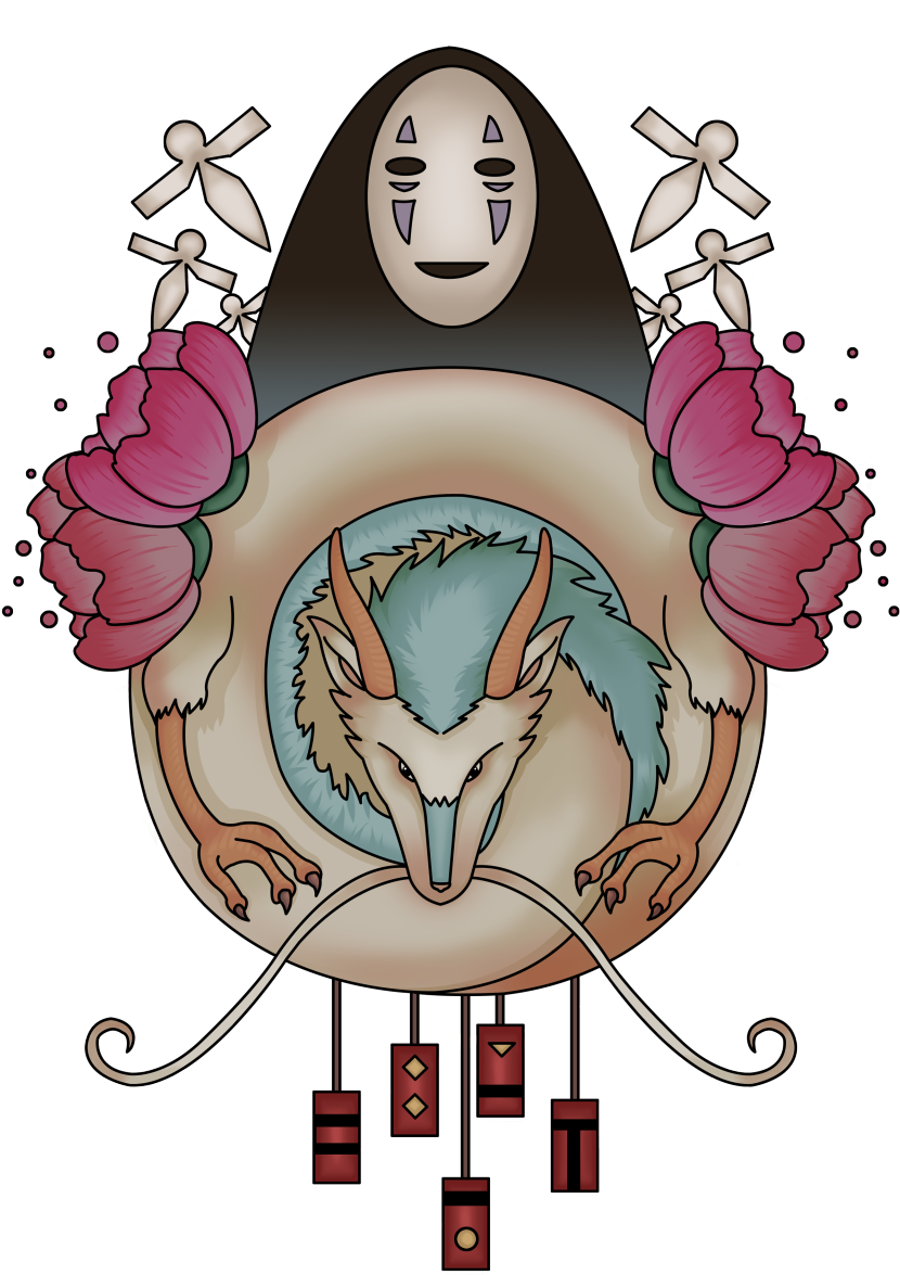 神隱少女 桌布 壁紙 — 《神隱少女》中無臉男抱著狐狸靈體的風格化插圖，置於圓形框架內，框架飾有粉紅花朵和風車狀裝飾。