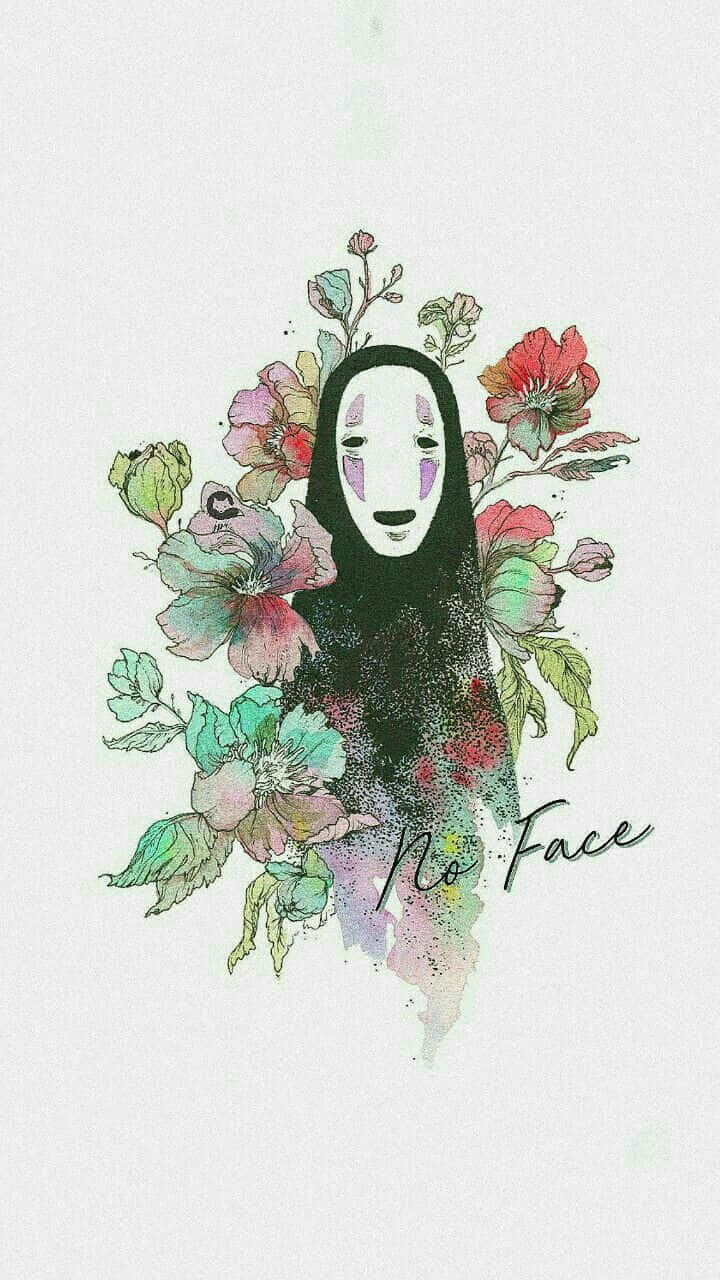 Brightening 桌布 壁紙 — 《神隱少女》中無臉男的水彩插圖，周圍環繞著鮮豔的花朵，背景為淺色。