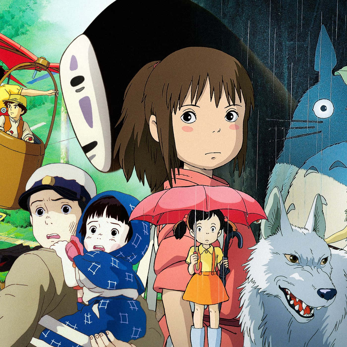 吉卜力 桌布 壁紙 — 《神隱少女》中的雨天場景，千尋手持紅色雨傘，被神話生物和角色包圍。