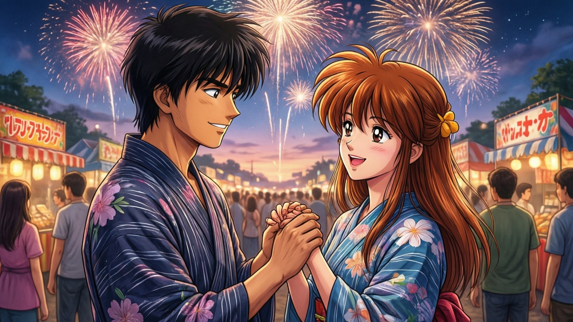 祭典約會 壁紙 — 一對微笑的動漫情侶穿著花卉圖案的浴衣，在熱鬧的日本夜祭中，於耀眼的煙火下牽手。