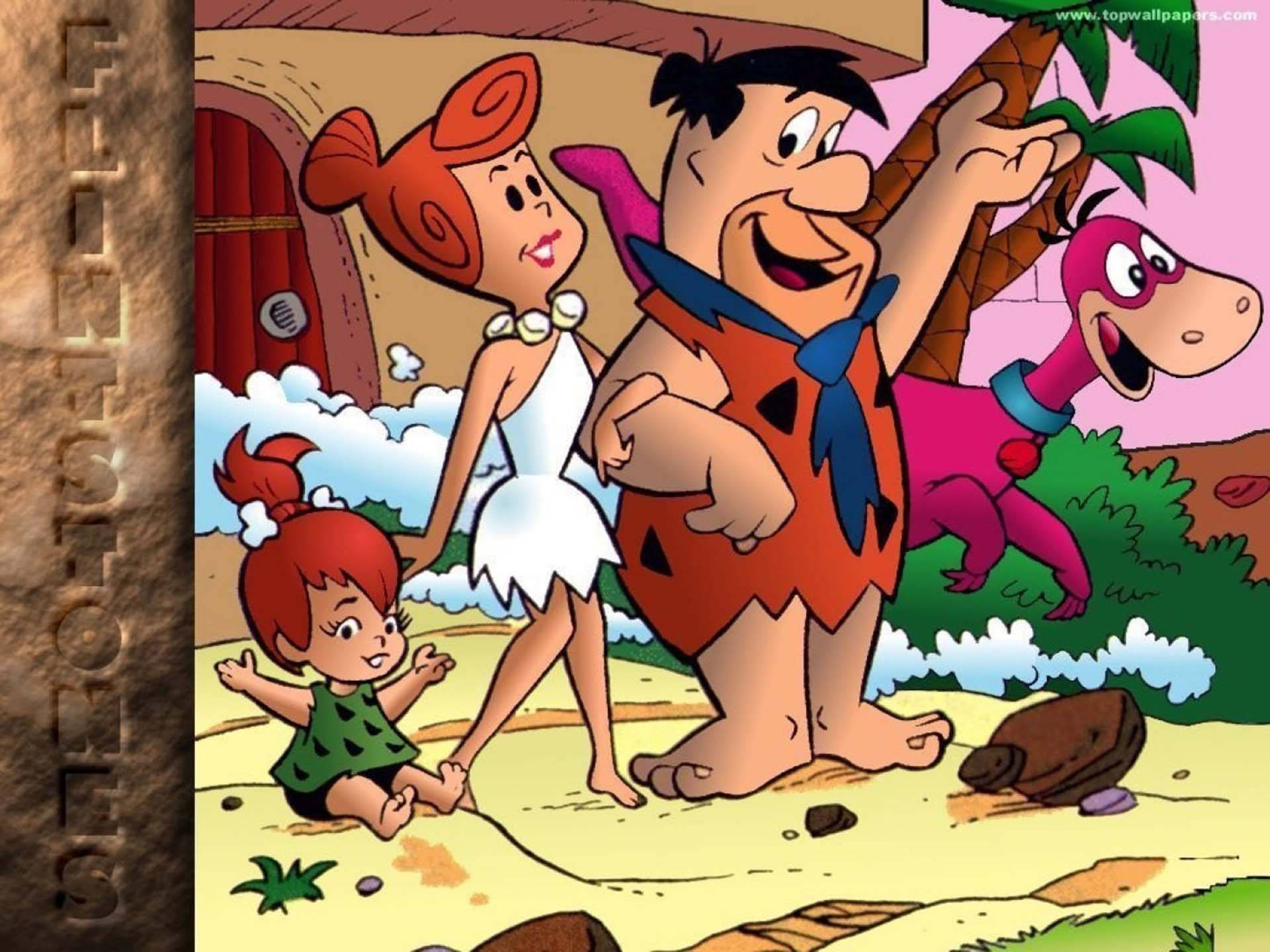 Flintstone 桌布 壁紙 — 福林斯頓一家與粉紅色恐龍同伴愉快地走過史前景觀。