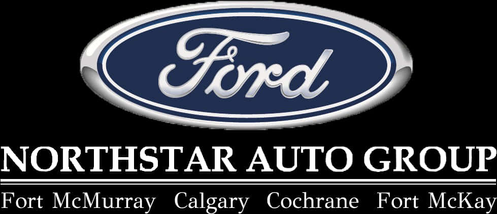 Ford Logo 桌布 壁紙 — 福特標誌，銀色橢圓形，黑色背景，白色文字，用於Northstar Auto Group，下方列出地點。