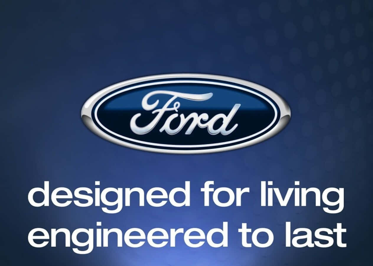 Ford Logo 桌布 壁紙 — 福特標誌，銀色鍍鉻橢圓形和草書字體，深藍色漸層背景，附有標語。