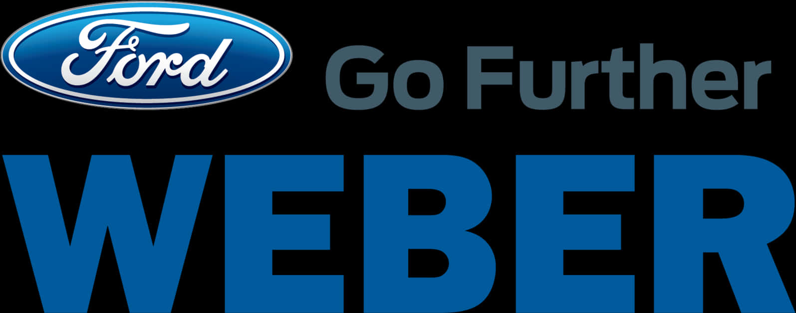 Ford Logo 桌布 壁紙 — 福特標誌和Weber品牌文字以粗體藍色字體顯示在黑色背景上，附有標語Go Further。