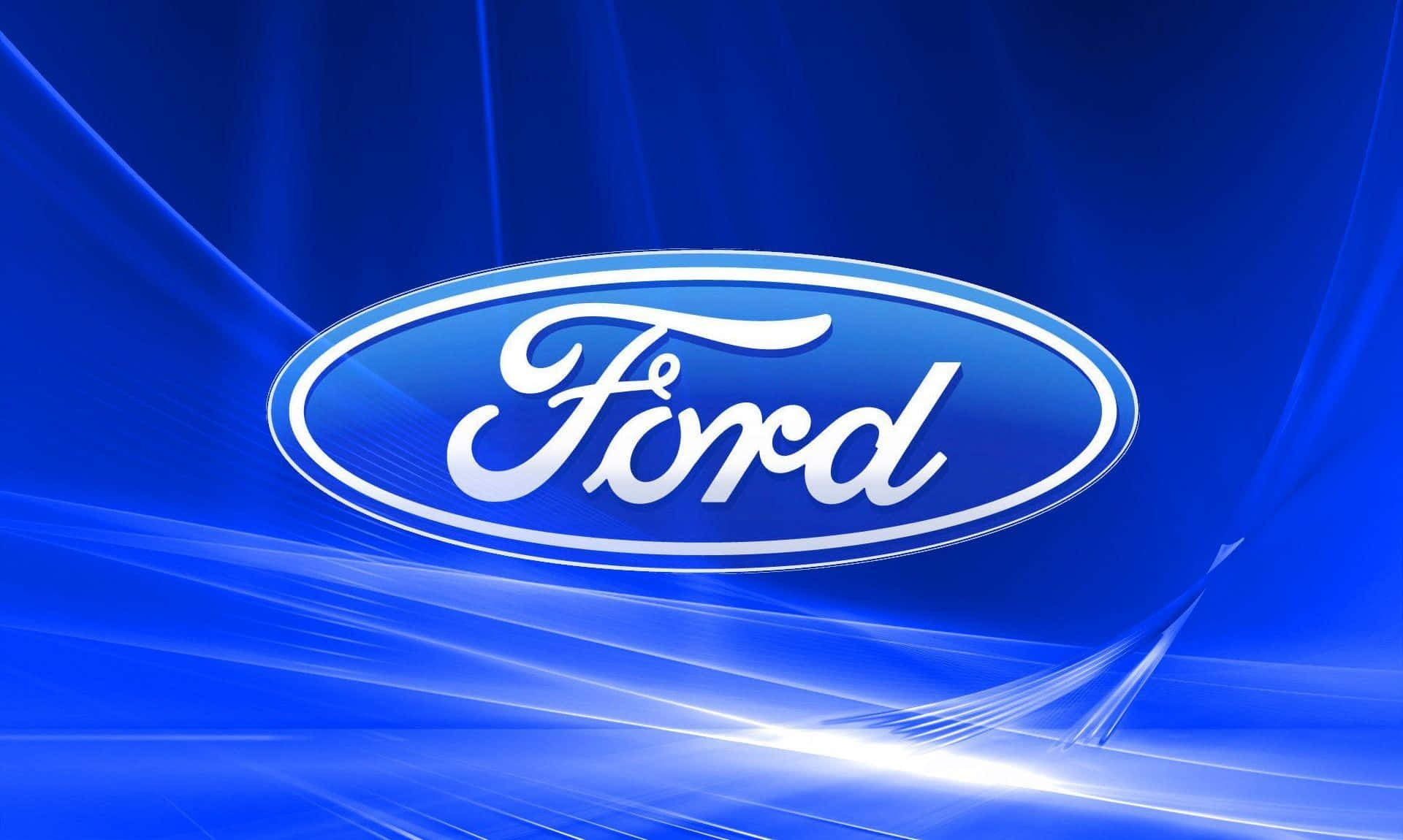 Ford Logo 桌布 壁紙 — 福特標誌在動感藍色背景上閃耀白色光芒，並帶有輻射光條。