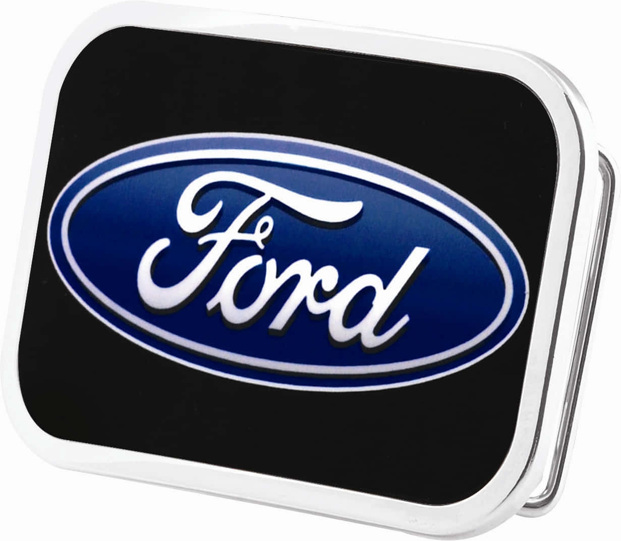 Ford Logo 桌布 壁紙 — 福特標誌徽章的近距離特寫，藍色橢圓形和白色字體在黑色背景上，鑲嵌在銀色金屬框架中。