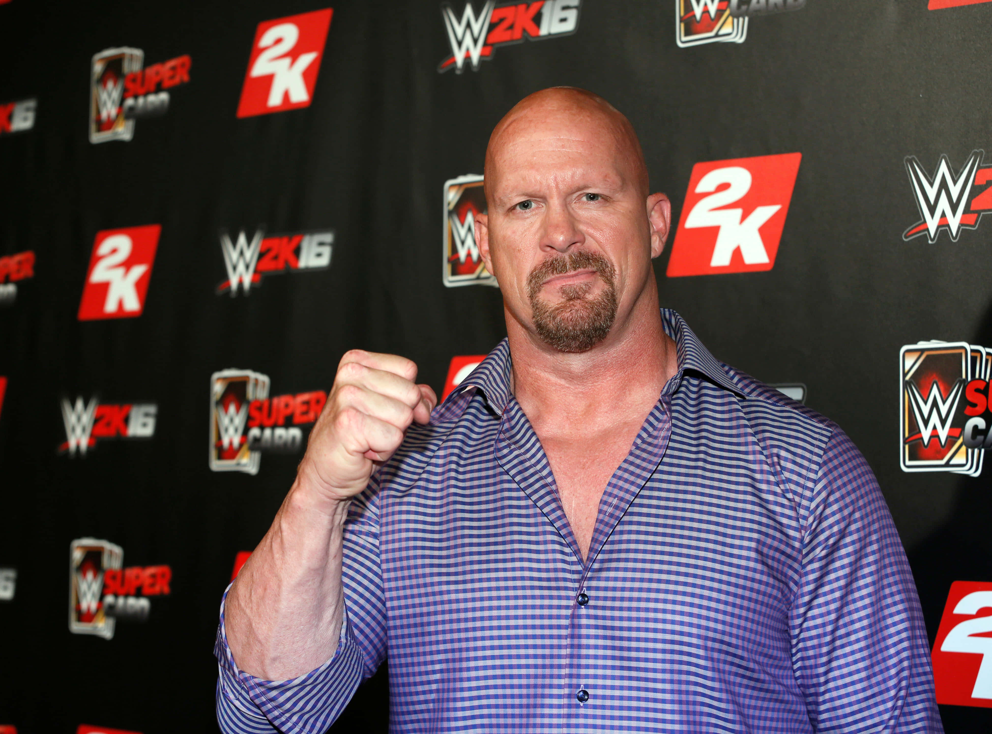 WWE 桌布 壁紙 — 禿頭山羊鬍摔角手在WWE 2K16品牌背景前握拳，身穿格紋襯衫。