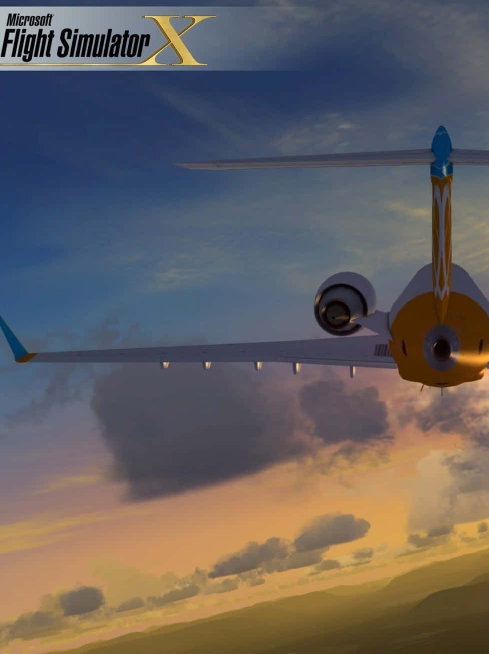 Android Microsoft Flight Simulator 桌布 壁紙 — 私人飛機在夕陽雲層中翱翔，背景是金橙色和藍色的天空。