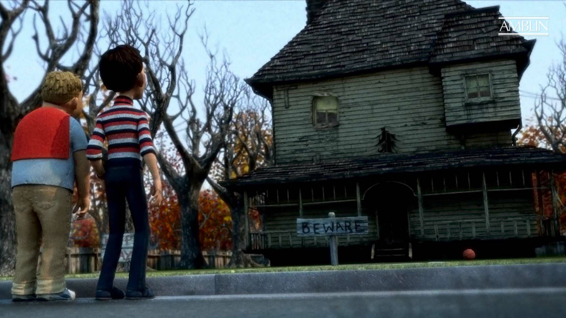 Monster House 桌布 壁紙 — 秋天，兩個孩子站在人行道上，凝視著一間破舊的鬼屋，上面有「小心」的標誌。