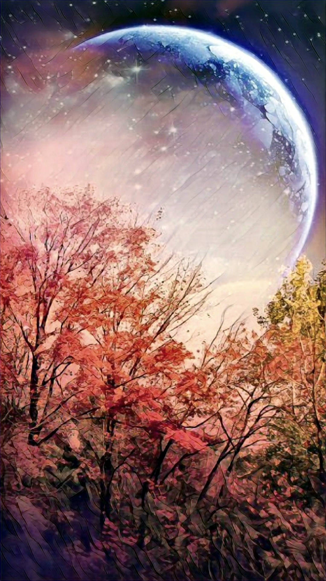 Honor 桌布 壁紙 — 秋天的樹木帶著火紅的葉子，框住一顆在星空宇宙中巨大發光的行星。