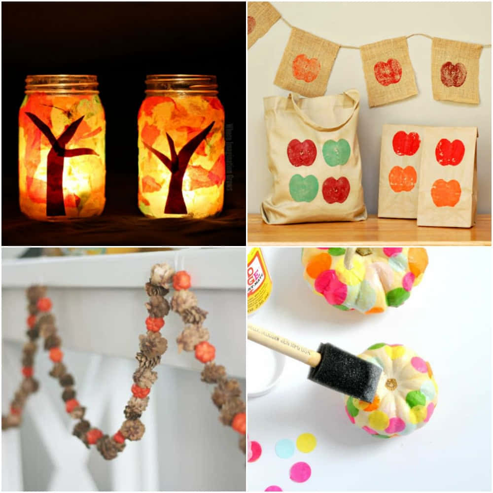 Fall Crafts 桌布 壁紙 — 秋季主題手工藝品，包括樹葉燈籠、蘋果印花袋、松果花環和彩色南瓜繪畫。