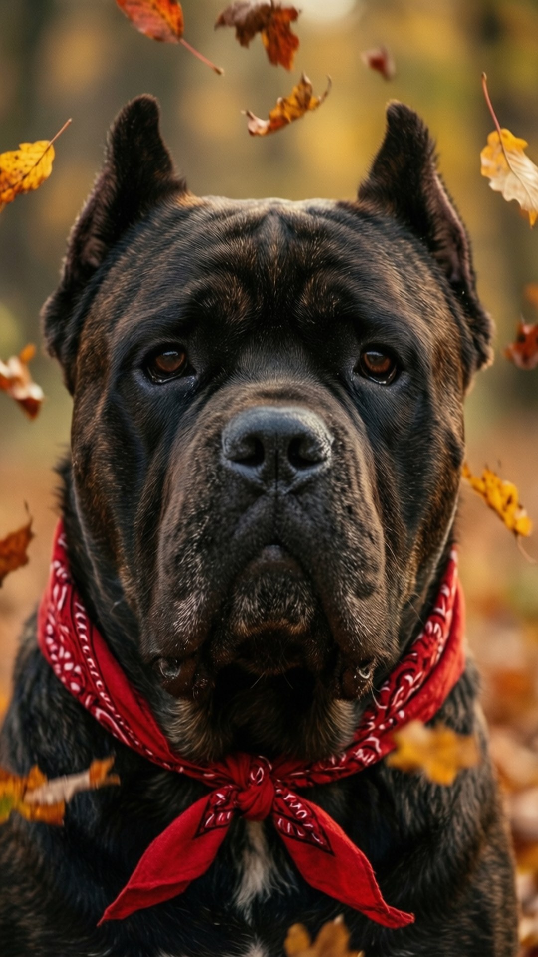 秋季头巾特写 壁紙 — 一隻威嚴的黑色卡斯羅犬戴著紅色頭巾，在金色秋葉環繞其強壯臉龐時莊嚴地凝視。