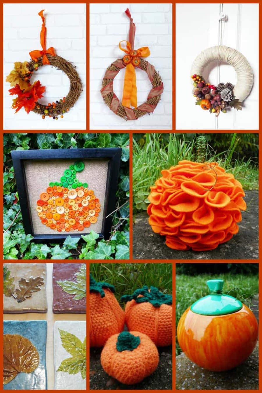 Fall Crafts 桌布 壁紙 — 秋季手工藝拼貼畫，包括編織花環、鈕扣南瓜和陶瓷裝飾品，在戶外展示。