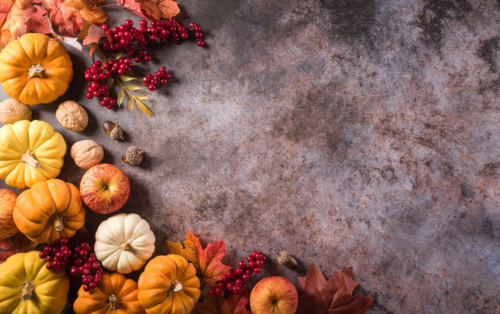 Fall Thanksgiving 桌布 壁紙 — 秋季豐收角落，有南瓜、蘋果、漿果和樹葉，置於質樸紋理表面上。