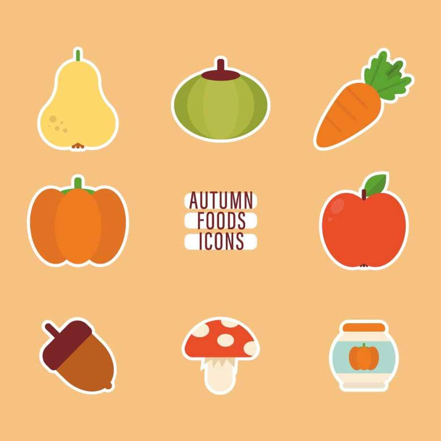 stickers 桌布 壁紙 — 秋季食物的扁平設計圖標，包括梨、南瓜、胡蘿蔔、蘋果、橡子、蘑菇和一瓶南瓜，背景為溫暖的橙色。