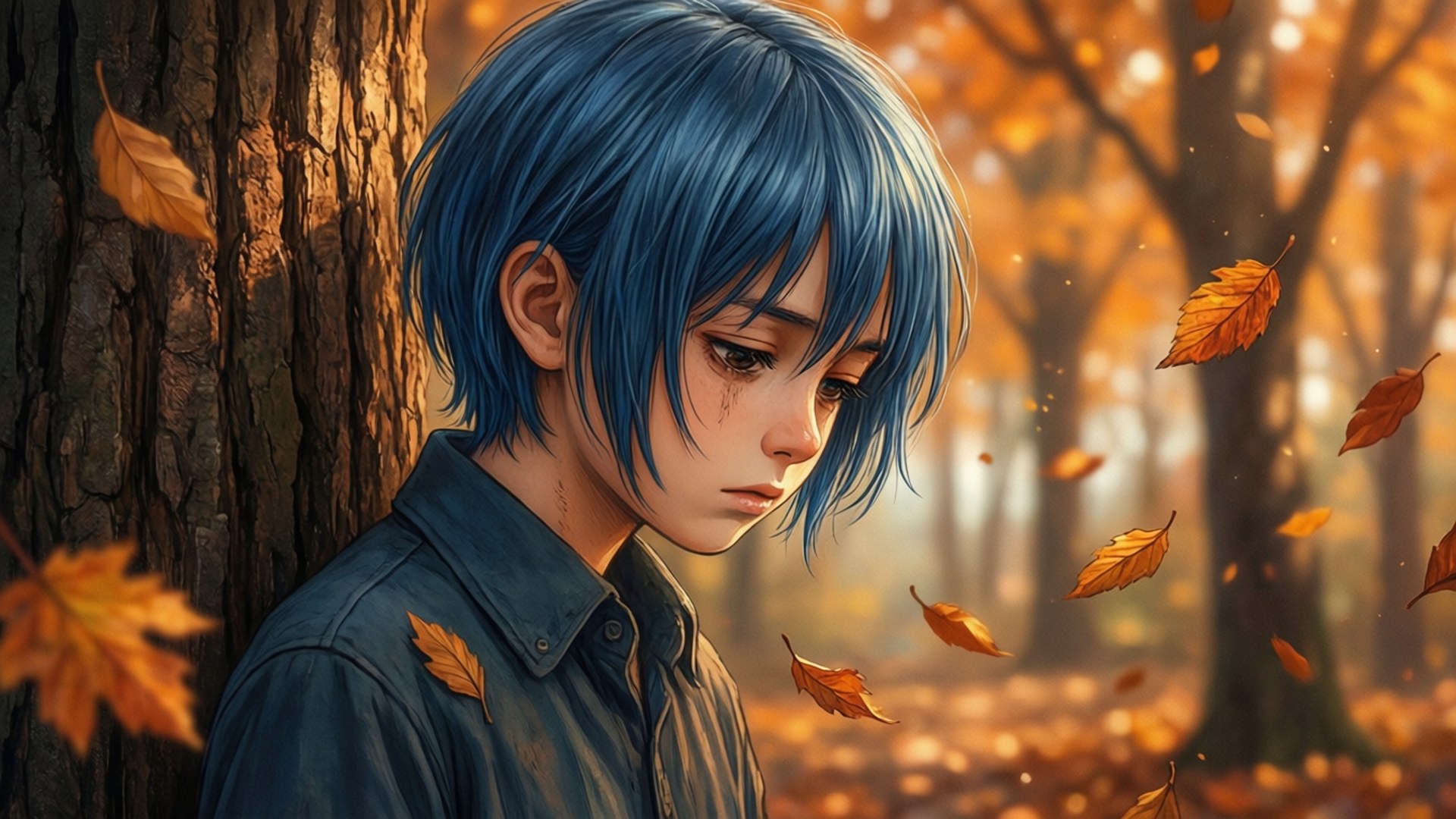 一位藍髮的憂傷動漫男孩倚靠著樹，秋葉飄落。