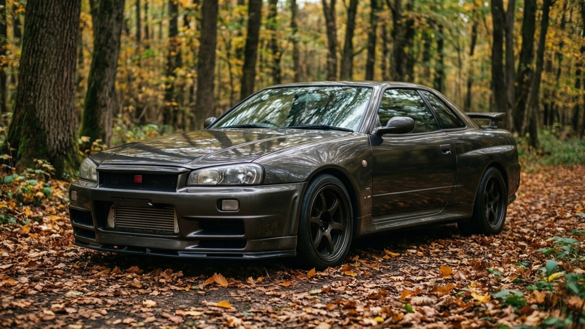 秋日森林 R33 壁紙 — 一架啞光灰色日產Skyline GT-R停泊在鋪滿金色秋葉的森林小徑上。