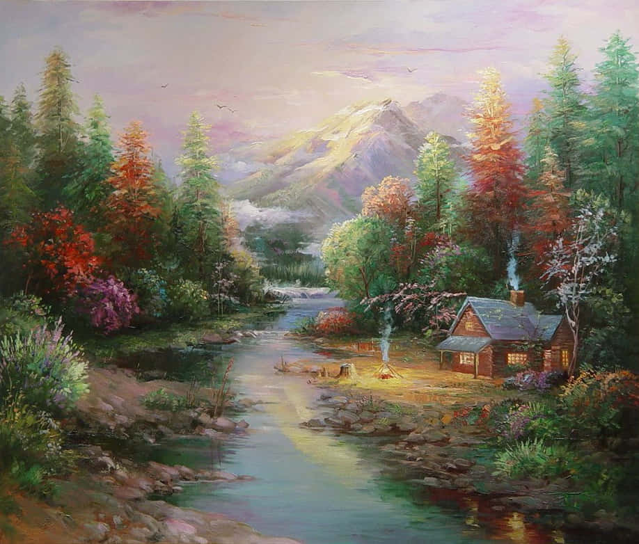 Painting 桌布 壁紙 — 秋日森林中河邊的一座舒適木屋，遠處是白雪覆蓋的山峰。