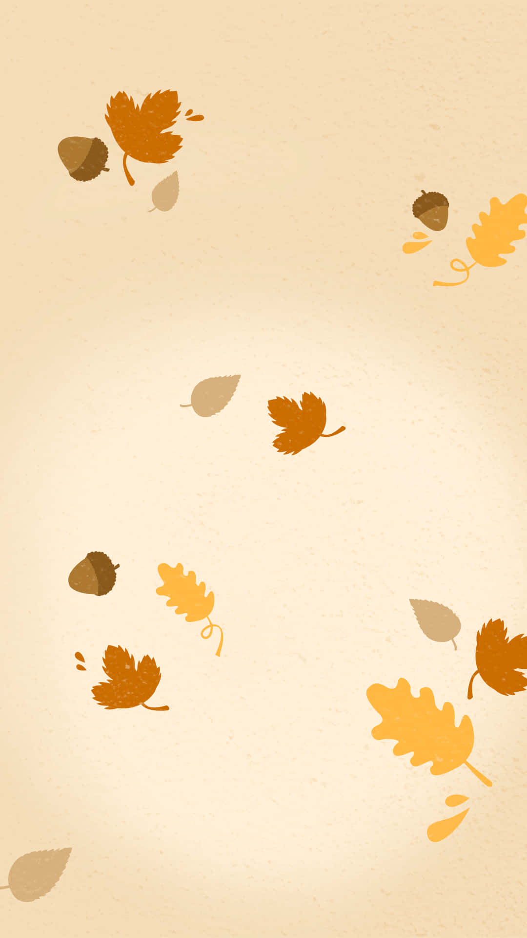 Cute Autumn iPhone 桌布 壁紙 — 秋葉和橡子在紋理米色背景上輕輕飄動，呈現極簡插畫風格。