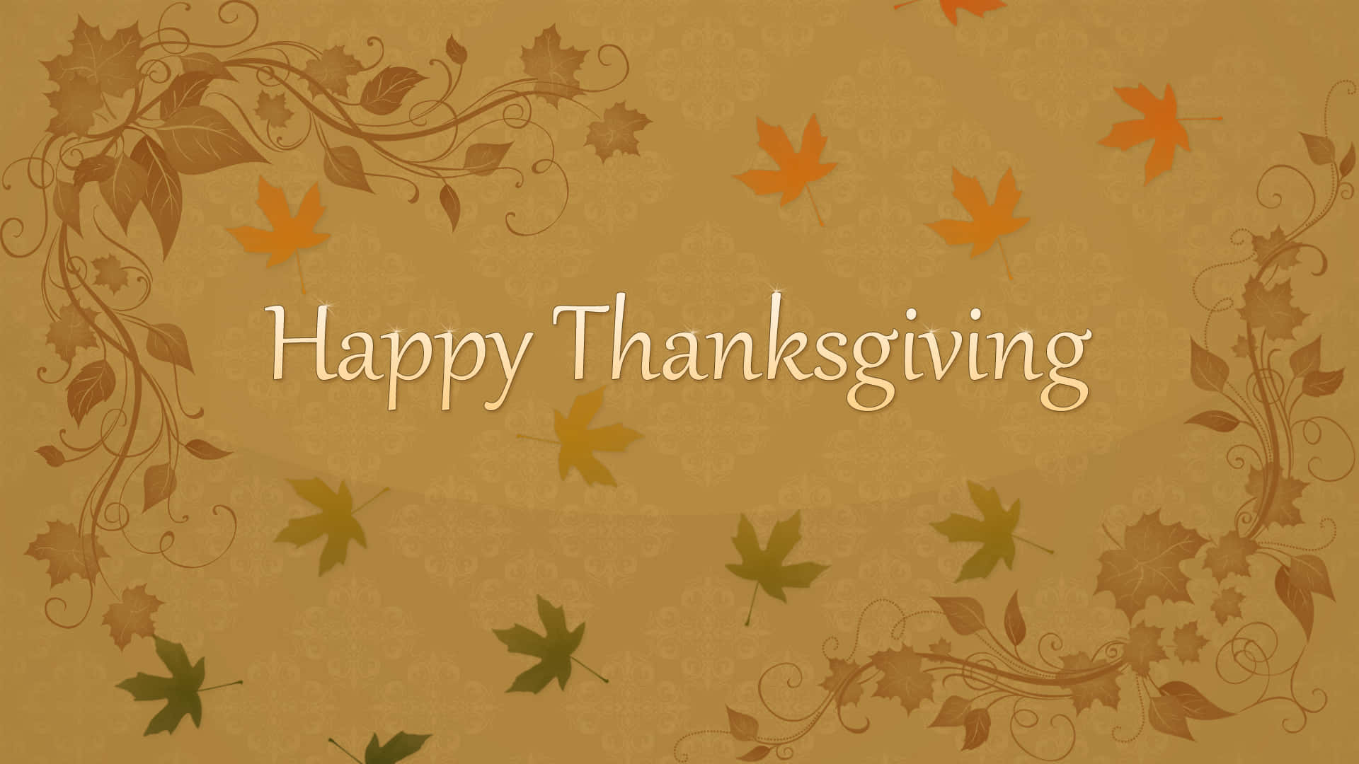 節日 桌布 壁紙 — 秋葉圍繞著優雅的手寫文字「Happy Thanksgiving」旋轉，背景為溫暖的紋理。