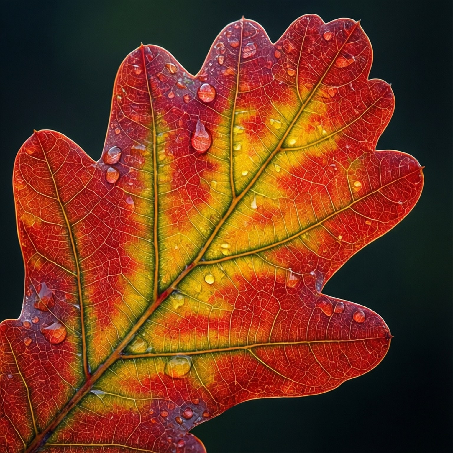 秋葉微距 壁紙 — 一片充滿活力的秋天橡樹葉特寫，帶有複雜的紅色、黃色和綠色葉脈，在黑暗背景下閃爍著露珠。
