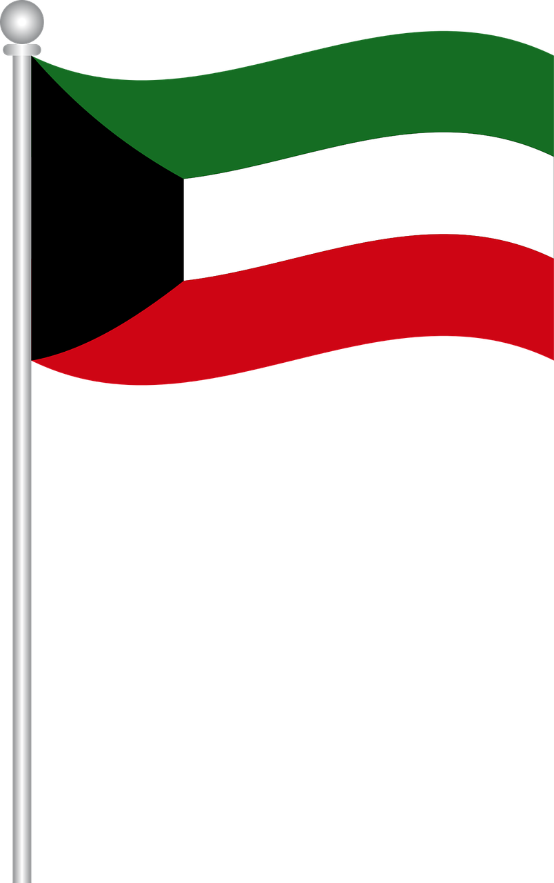Flags 桌布 壁紙 — 科威特國旗帶有綠色、白色和紅色的橫條紋，在純黑色背景上飄揚。